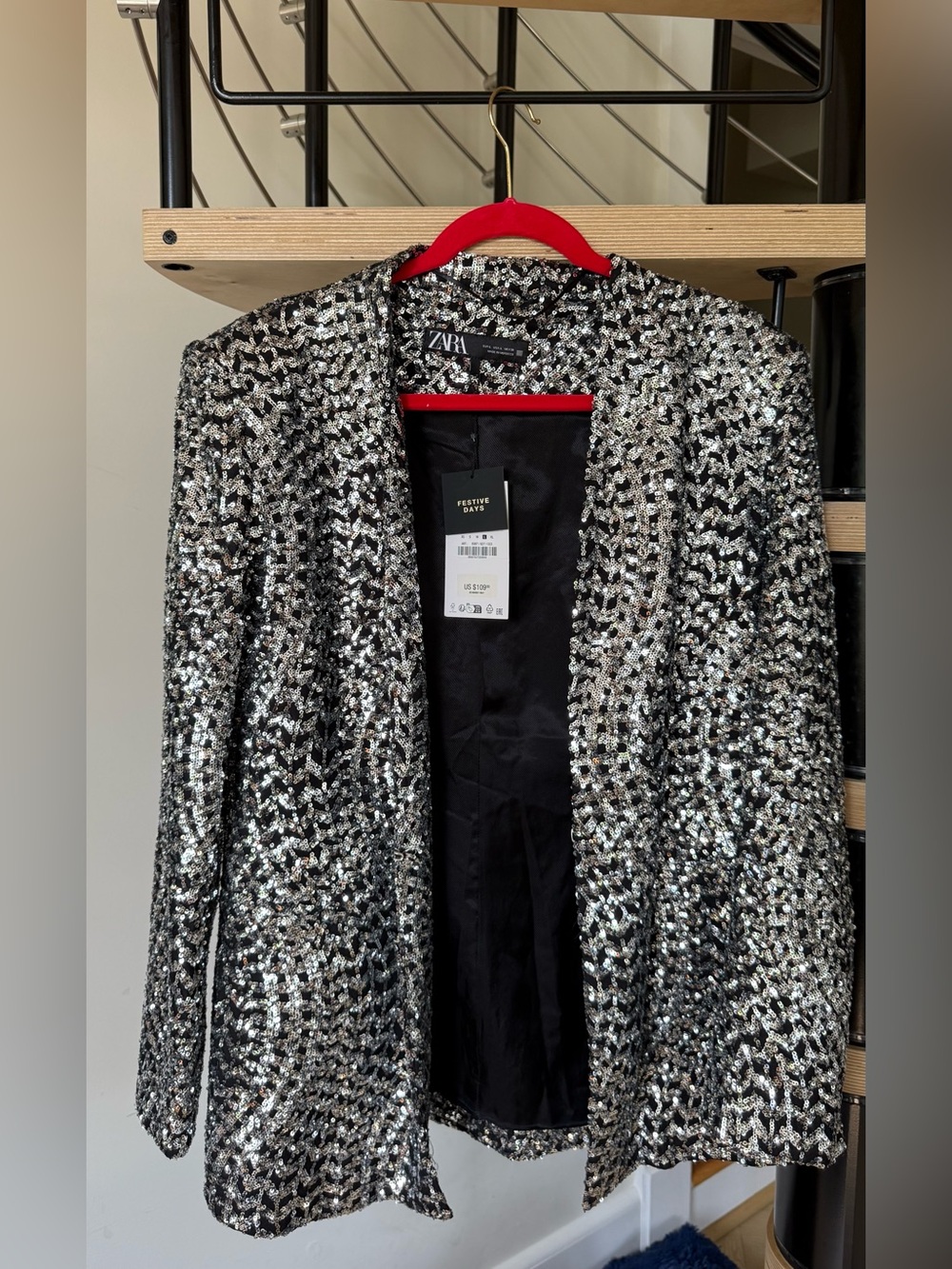 NWT ZARA Black Blazer with Silver Sequin Detailing